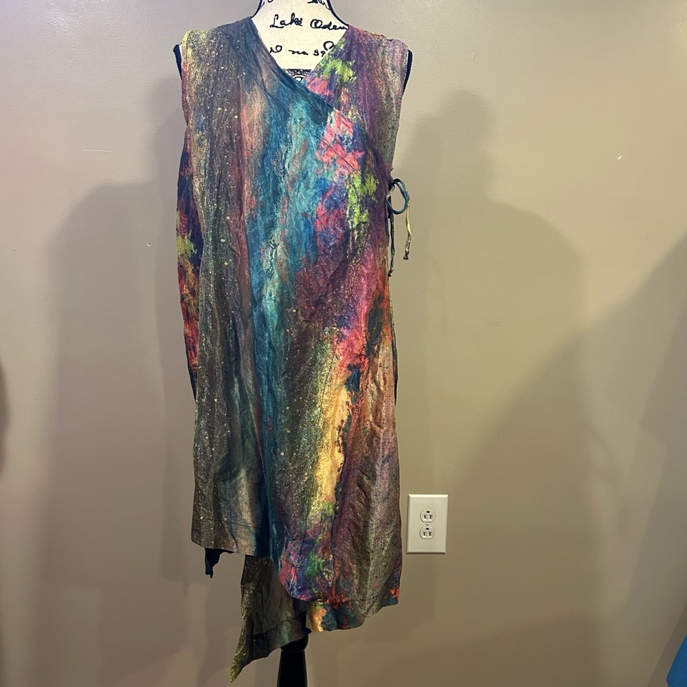 Bryn Walker Zen Taffeta Nebulosa Abstract Print Asymmetrical Hem Wrap Tunic - Picture 6 of 16